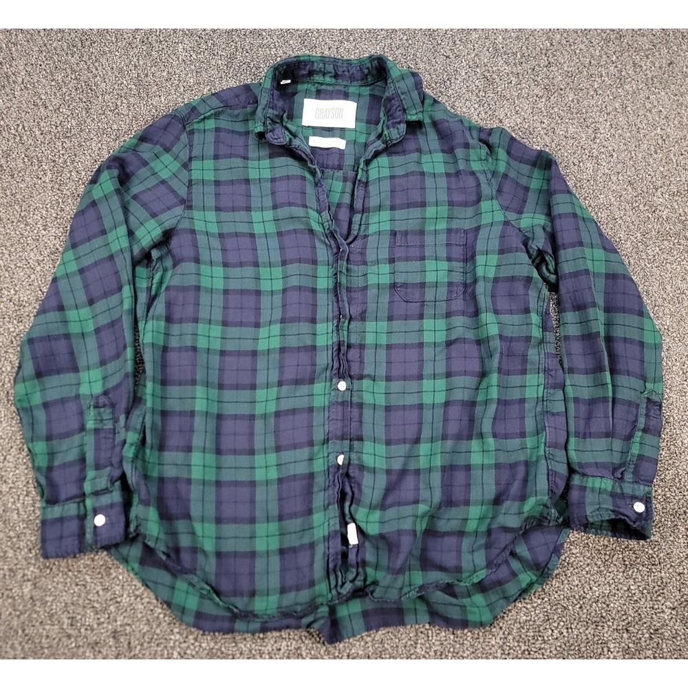 Grayson The Hero Shirt Size 03 M Plaid Lyocell Relaxed Fit Blue Green Button Up
